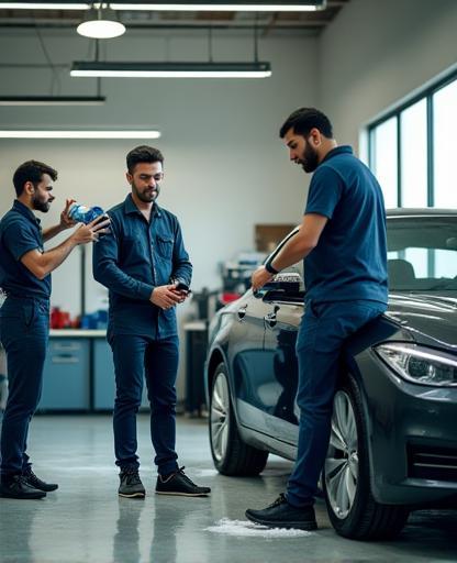 Team of car care professionals at work in Shudh Shakti Auto Care workshop