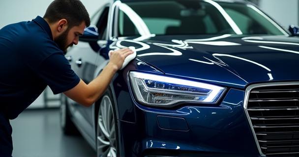 Technician performing premium car detailing on luxury sedan